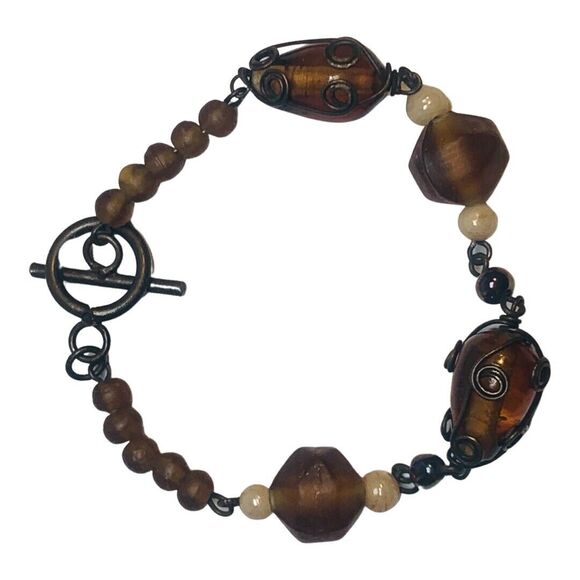 Brown Glass Beaded Bracelet 5.25” Wrapped Wire Copper Bohemian - Picture 5 of 11